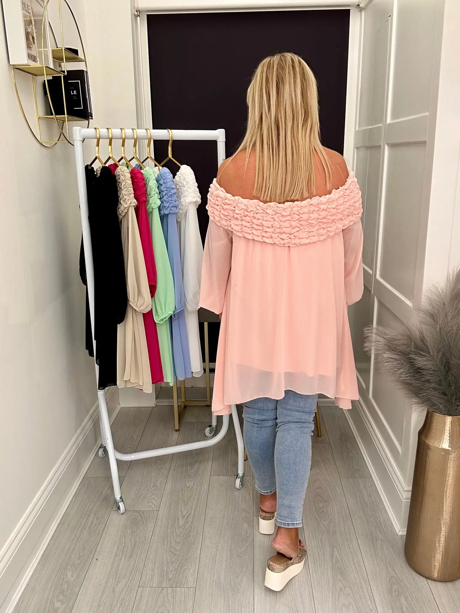 Light pink Bardot chiffon off-shoulder top, back view