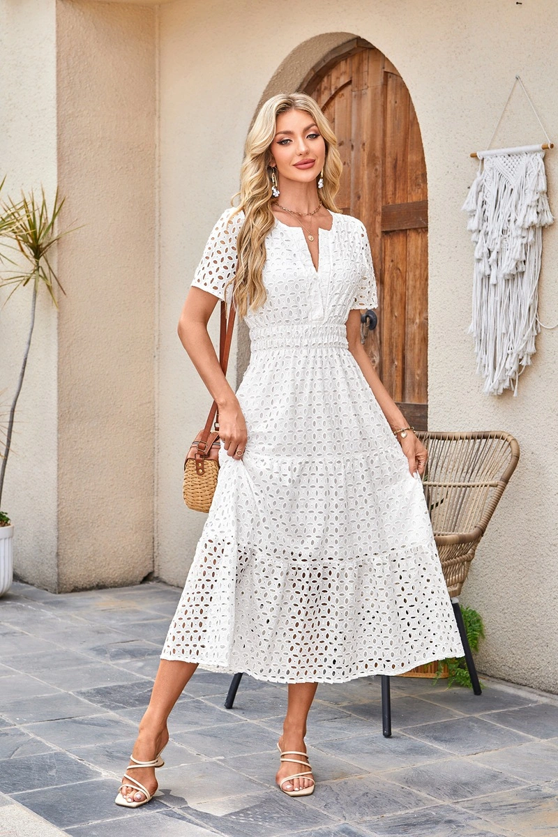 White V Neck Short Sleeve Hollow Out Flowy Beach Dress, front view