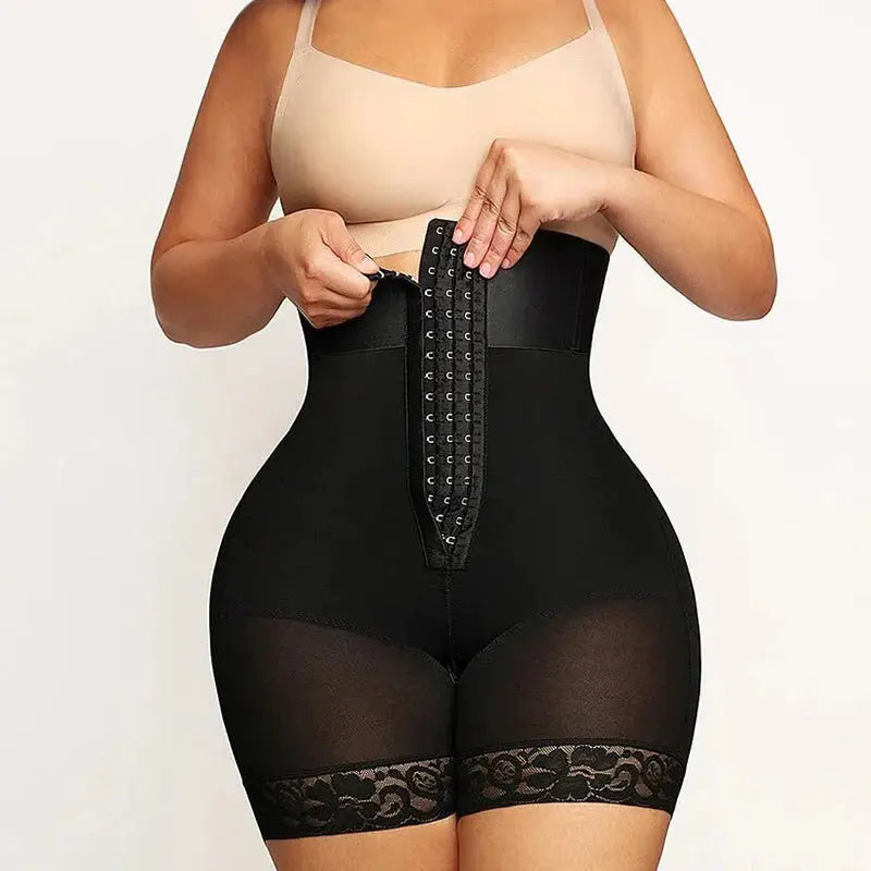SlimCurve Tummy-sculpting & Butt lifting Shorts - Black front view with hook and eye closure